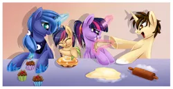 Size: 1430x738 | Tagged: safe, artist:blackfreya, derpibooru import, princess luna, twilight sparkle, twilight sparkle (alicorn), oc, oc:mayday parker sparkle, ponified, alicorn, pony, baking, crossover, female, mare, offspring, parent:peter parker, parent:twilight sparkle, parents:spidertwi, peter parker, ponytail, spider-man, spiders and magic iii: days of friendship past, spiders and magic: rise of spider-mane, spidertwi