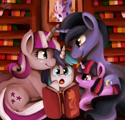 Size: 2217x2126 | Tagged: artist:shivall, book, cute, derpibooru import, eye contact, family, night light, :o, open mouth, prone, reading, safe, shining adorable, shining armor, smiling, sparkle family, twiabetes, twilight sparkle, twilight velvet