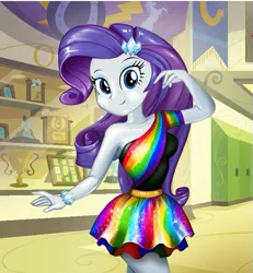 Size: 487x526 | Tagged: safe, artist:kimpossiblelove, derpibooru import, rarity, equestria girls, breasts, canterlot high, clothes, dress, female, fynsy, rainbow dress, solo, trophy case