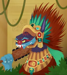 Size: 900x1000 | Tagged: ahuizotl, artist:shadobabe, aztec, bush, derpibooru import, face paint, long ears, macuahuitl, safe, solo, vine