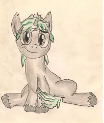 Size: 1131x1334 | Tagged: safe, artist:nyu, derpibooru import, oc, oc:eclipse shade, unofficial characters only, bat pony unicorn, pony, unicorn, wingless bat pony, cat eyes, looking at you, sitting, smiling, solo, traditional art