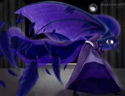 Size: 1024x786 | Tagged: anthro, artist:bookxworm89, clothes, crying, derpibooru import, dress, feather, moon, nightmare moon, princess luna, safe, solo, transformation