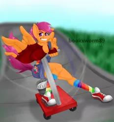 Size: 1024x1105 | Tagged: anthro, artist:bookxworm89, clothes, derpibooru import, older, overalls, rainbow socks, safe, scootaloo, scooter, socks, solo, striped socks