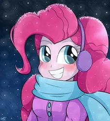 Size: 960x1056 | Tagged: safe, artist:riouku, derpibooru import, pinkie pie, human, equestria girls, clothes, coat, cute, diapinkes, earmuffs, humanized, scarf, snow, snowfall, solo, winter