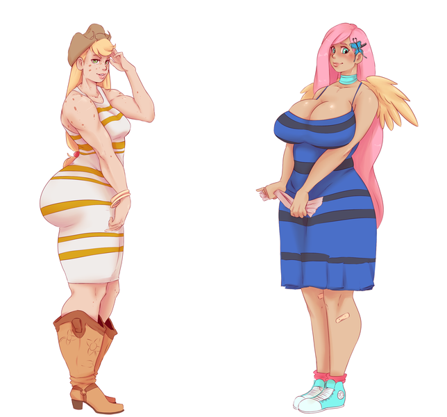 Size: 2269x2115 | Tagged: applebutt, applejack, artist:sundown, ass, bandage, boots, breasts, busty fluttershy, cleavage, clothes, converse, derpibooru import, dress, female, fluttershy, human, humanized, jacqueline applebuck, meme, simple background, suggestive, white and gold or black and blue dress meme, white background, winged humanization