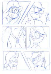 Size: 1280x1852 | Tagged: anthro, artist:burgerkiss, comic, derpibooru import, female, lesbian, monochrome, rainbow dash, safe, shipping, sketch, trixdash, trixie, wip