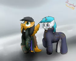 Size: 1280x1022 | Tagged: safe, artist:the-furry-railfan, derpibooru import, oc, oc:minty candy, oc:twintails, unofficial characters only, pegasus, pony, unicorn, fallout equestria, fallout equestria: occupational hazards, clothes, coat, glasses, gun, holster, pipbuck, pistol, weapon