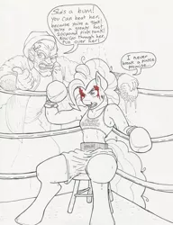 Size: 1244x1624 | Tagged: anthro, artist:flicker-show, blood, boxing, boxing gloves, crossover, derpibooru import, human, mickey goldmill, pep talk, pinkie pie, rocky balboa, rocky (movie), safe, traditional art, unguligrade anthro