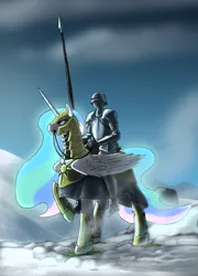 Size: 864x1197 | Tagged: artist needed, safe, derpibooru import, princess celestia, alicorn, human, pony, armor, barding, bridle, ethereal mane, fantasy class, female, gothic, gothic armor, grass, humans riding ponies, knight, lance, mare, plate armor, reins, riding, snow, spear, warrior, weapon