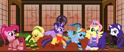 Size: 3600x1507 | Tagged: safe, artist:sirius-writer, derpibooru import, applejack, fluttershy, pinkie pie, rainbow dash, rarity, twilight sparkle, twilight sparkle (alicorn), alicorn, pony, asami sato, avatar the last airbender, female, implied raridash, jinora, korra, mare, princess yue, the legend of korra, toph bei fong, ty lee