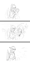 Size: 1472x3072 | Tagged: safe, artist:sean mirrsen, derpibooru import, oc, oc:moonlight sonata, unofficial characters only, bat pony, diamond dog, pony, comic, crying, flower, frown, hoof hold, innuendo, monochrome, open mouth, pun, running, sad, sharp teeth, smiling, strip, visual pun, wide eyes