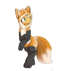 Size: 1450x1800 | Tagged: safe, artist:alasou, deleted from derpibooru, derpibooru import, applejack, fox, pony, red fox, animal costume, bipedal, clothes, costume, cute, freckles, frown, hoodie, jackabetes, looking back, simple background, smiling, solo, transparent background