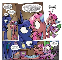 Size: 1400x1346 | Tagged: derpibooru import, dragon, dragoness, eyes closed, faint, fangasm, fangirl, female, idw, lumbra, male, mina, princess luna, safe, shipper on deck, shipping, speech bubble, spike, spoiler:comic, spoiler:comicff14, straight