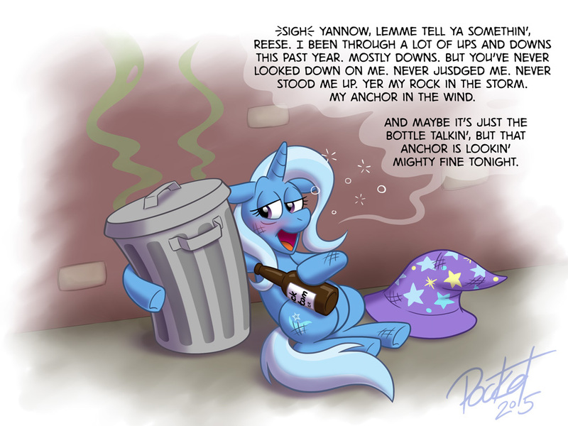 Size: 1000x750 | Tagged: safe, artist:octanbearcat, derpibooru import, trixie, pony, unicorn, bottle, cargo ship, cuteosphere, dragondicks, drunk, female, mare, shipping, the great and alcoholics trixie, trash can