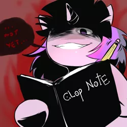 Size: 1000x1000 | Tagged: suggestive, artist:cold-blooded-twilight, derpibooru import, twilight sparkle, twilight sparkle (alicorn), alicorn, pony, cold blooded twilight, all according to keikaku, death note, explicit source, female, grin, imminent sex, keikaku means plan, light yagami, mare, solo, twilight yagami, writing