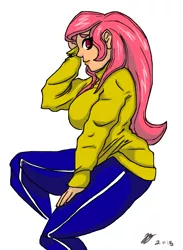 Size: 1100x1500 | Tagged: artist:squintinturninchino, big breasts, breasts, clothes, derpibooru import, female, fluttershy, human, humanized, red eyes, safe, solo, sweater, sweatershy