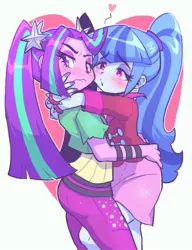 Size: 500x650 | Tagged: safe, artist:jirousan, derpibooru import, aria blaze, sonata dusk, equestria girls, rainbow rocks, arisona, blushing, cute, female, floating heart, heart, lesbian, shipping, tsundaria, tsundere