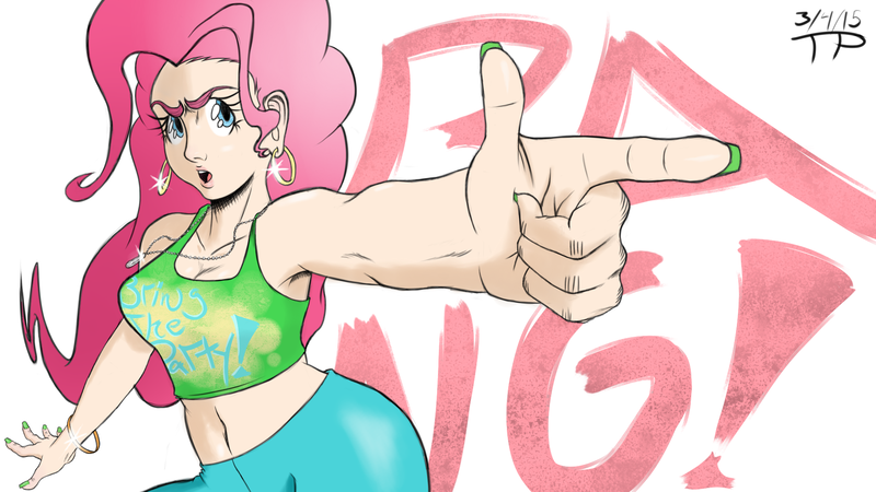 Size: 1920x1080 | Tagged: armpits, artist:thethunderpony, bang, bracelet, clothes, derpibooru import, dog tags, earring, finger gun, fingernails, foreshortening, hand, human, humanized, nail polish, open mouth, pants, piercing, pinkie pie, safe, solo, tanktop