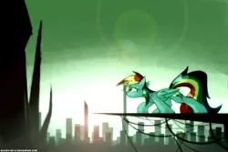 Size: 3000x2000 | Tagged: safe, artist:n_thing, derpibooru import, rainbow dash, city, high res, lens flare, skyline, solo