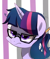 Size: 1100x1300 | Tagged: safe, artist:sion-ara, derpibooru import, sci-twi, twilight sparkle, ponified, pony, unicorn, equestria girls, equestria girls ponified, frown, glasses, pencil, sci-twi is not amused, simple background, solo, twilight is not amused, unamused, unicorn sci-twi