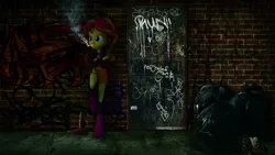 Size: 1920x1080 | Tagged: safe, artist:3d thread, artist:creatorofpony, derpibooru import, edit, sunset shimmer, equestria girls, /mlp/, 3d, 3d model, against wall, beer, blender, boots, bottle, cigarette, clothes, graffiti, jacket, shirt, skirt, smoking, solo, trash, wallpaper