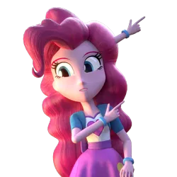 Size: 2000x2000 | Tagged: safe, artist:3d thread, artist:creatorofpony, derpibooru import, pinkie pie, equestria girls, /mlp/, 3d, 3d model, blender, bracelet, check em, clothes, pointing, shirt, simple background, skirt, smiling, solo, transparent background