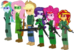 Size: 1443x978 | Tagged: safe, artist:totallynotabronyfim, derpibooru import, applejack, fluttershy, pinkie pie, rainbow dash, rarity, sunset shimmer, equestria girls, airsoft, aks-74u, boots, gun, humane five, humane six, m16, m4, m4a1, m60, mosin nagant, safety goggles, shooting for friendship, trigger discipline