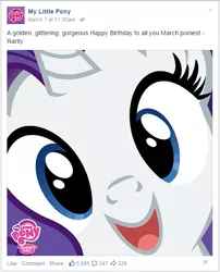 Size: 503x621 | Tagged: cute, derpibooru import, facebook, happy birthday, hi anon, march, my little pony logo, official, raribetes, rarity, safe, solo