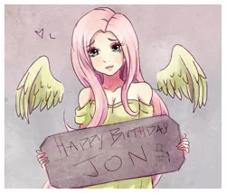 Size: 777x666 | Tagged: artist:songoftheshoebox, cleavage, clothes, derpibooru import, female, fluttershy, happy birthday, human, humanized, looking at you, safe, solo, winged humanization, wings