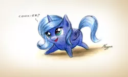 Size: 920x553 | Tagged: safe, artist:theflyingmagpie, derpibooru import, princess luna, chibi, filly, solo, traditional art, woona