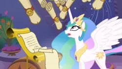 Size: 1366x768 | Tagged: safe, derpibooru import, screencap, princess celestia, griffon the brush off, scroll, solo