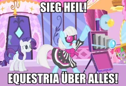 Size: 806x550 | Tagged: caption, derpibooru import, edit, edited screencap, image macro, meme, nazi, photo finish, photo finish insults, rarity, safe, salute, screencap, spike