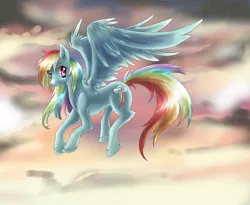 Size: 2200x1800 | Tagged: safe, artist:dream--chan, derpibooru import, rainbow dash, pegasus, pony, backwards cutie mark, female, fluffy, flying, looking at you, mare, smiling, solo, spread wings, unshorn fetlocks