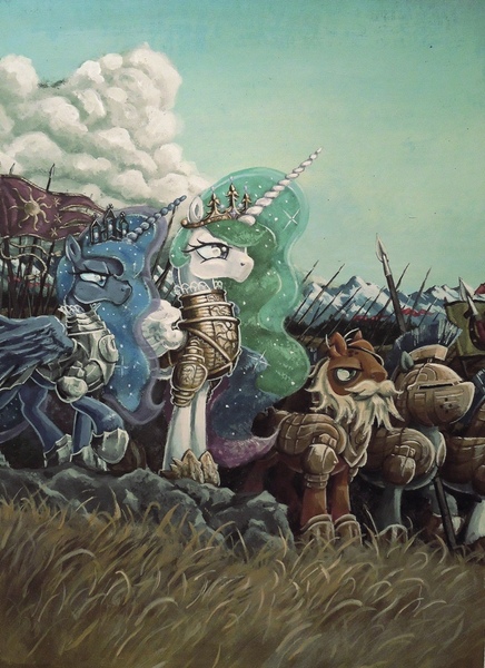 Size: 721x992 | Tagged: acrylic painting, armor, army, artist:graffegruam, banner, helmet, medieval, princess celestia, princess luna, royal guard, safe, spear, traditional art, war, warrior celestia, warrior luna