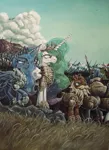 Size: 721x992 | Tagged: acrylic painting, armor, army, artist:graffegruam, banner, helmet, medieval, princess celestia, princess luna, royal guard, safe, spear, traditional art, war, warrior celestia, warrior luna