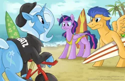 Size: 950x617 | Tagged: safe, artist:spainfischer, derpibooru import, flash sentry, trixie, twilight sparkle, twilight sparkle (alicorn), alicorn, pony, beach, bicycle, clothes, female, mare, one-piece swimsuit, surfboard, swimsuit