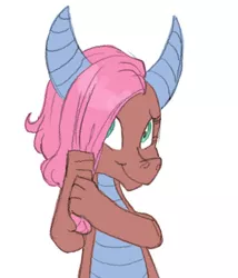 Size: 479x560 | Tagged: artist:carnifex, claws, cute, dragon, dragoness, female, hair over one eye, horns, idw, looking at you, mina, minabetes, safe, simple background, smiling, solo, spoiler:comic, spoiler:comicff14, :t, white background