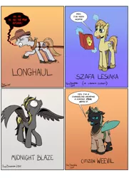 Size: 1280x1764 | Tagged: safe, artist:pony-berserker, derpibooru import, oc, oc:longhaul, oc:midnight blaze, oc:szafalesiaka, oc:weevil, unofficial characters only, changeling, earth pony, pegasus, pony, unicorn, fanfic:citizen weevil, changeling oc, clothes, cowboy hat, gray background, hat, horse collar, kimono (clothing), male, orange background, robe, simple background, stallion, stetson