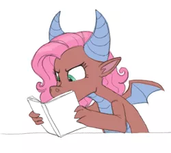 Size: 651x580 | Tagged: artist:carnifex, book, claws, comic book, cute, dragon, dragoness, dragon wings, exploitable, female, horns, idw, mina, minabetes, reading, safe, simple background, solo, spoiler:comic, spoiler:comicff14, white background, wings