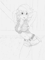 Size: 1000x1321 | Tagged: suggestive, artist:bigmacintosh2000, derpibooru import, applejack, equestria girls, alternate hairstyle, armpits, belly button, belt buckle, breasts, cleavage, clothes, daisy dukes, female, freckles, looking at you, monochrome, pigtails, plaid, plaid shirt, shirt, traditional art