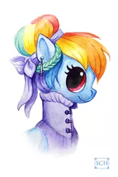 Size: 464x700 | Tagged: alternate hairstyle, artist:scheadar, clothes, derpibooru import, dress, earring, hair bun, portrait, rainbow dash, rainbow dash always dresses in style, safe, solo