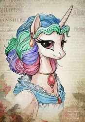 Size: 500x714 | Tagged: alternate hairstyle, artist:scheadar, clothes, dress, earring, necklace, portrait, princess celestia, safe, solo