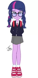 Size: 900x1829 | Tagged: safe, artist:bluse, derpibooru import, twilight sparkle, equestria girls, adorkable, alternate hairstyle, backpack, braid, clothes, cute, dork, glasses, school uniform, shoes, sneakers