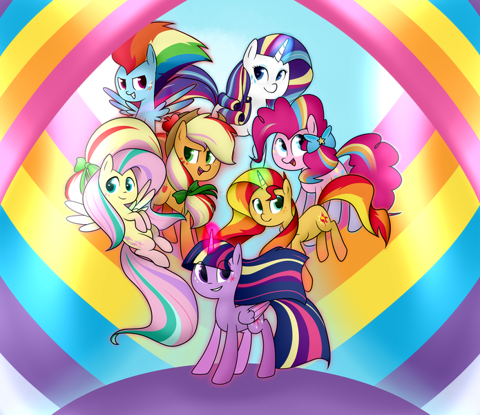 Size: 4400x3800 | Tagged: safe, artist:nintendash, derpibooru import, applejack, fluttershy, pinkie pie, rainbow dash, rarity, sunset shimmer, twilight sparkle, twilight sparkle (alicorn), alicorn, earth pony, pegasus, pony, unicorn, alternate mane seven, female, mane six, mare, rainbow power, rainbow power-ified