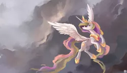 Size: 3460x2000 | Tagged: safe, alternate version, artist:ajvl, derpibooru import, princess celestia, alicorn, pony, cloud, cloudy, female, flying, frown, hoof shoes, jewelry, lidded eyes, looking back, mare, peytral, sky, solo, spread wings, tiara, wing fluff, wings