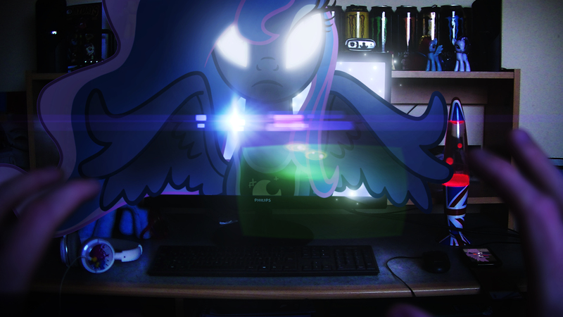 Size: 3840x2160 | Tagged: safe, artist:bastbrushie, artist:iheartnico2, derpibooru import, princess luna, alicorn, pony, camera, computer, female, figurine, fourth wall destruction, glowing eyes, hand, headphones, irl, keyboard, lava lamp, lens flare, mare, monster energy, offscreen character, peytral, photo, ponies in real life, pov, solo, spread wings, television, turntable, vector, wings