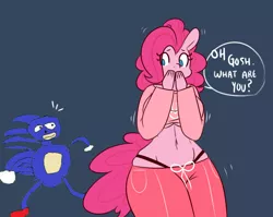 Size: 1280x1021 | Tagged: anthro, artist:somescrub, belly button, breasts, busty pinkie pie, clothes, crossover, derpibooru import, female, hugtastic pinkie pie, midriff, panties, pinkie pie, sanic, scared, shivering, sonic the hedgehog, sonic the hedgehog (series), suggestive, thong, tumblr, underboob, underwear, wide eyes