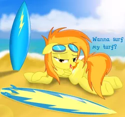Size: 1425x1333 | Tagged: suggestive, artist:spitshy, derpibooru import, spitfire, beach, bedroom eyes, female, goggles, innuendo, plot, solo, solo female, stupid sexy spitfire, surfboard, wet