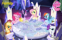 Size: 800x518 | Tagged: safe, derpibooru import, official, screencap, applejack, fluttershy, pinkie pie, rainbow dash, rarity, twilight sparkle, twilight sparkle (alicorn), alicorn, pony, the cutie map, balloon, bedroom eyes, blowing up balloons, cutie map, discovery family, discovery family logo, female, friendship throne, looking at you, mane six, map, mare, open mouth, puffy cheeks, sitting, smiling, spread wings, throne, twilight's castle, wink