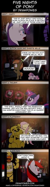 Size: 462x1728 | Tagged: artist:drawponies, bonnie, button mash, chica, comic, crossover, derpibooru import, five nights at freddy's, fluttershy, golden freddy, oc, oc:blackjack, rarity, safe, sweetie belle, twilight sparkle